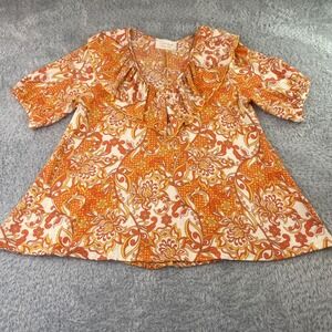Sugarfox Blouse Womens Small Orange Floral Paisley Ruffle Neck Peasant Boho Chic